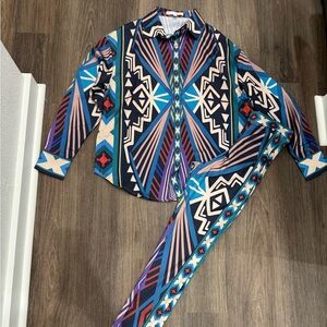 Vibrant Geometric Printed Two-Piece Set - Blue Pink Black
